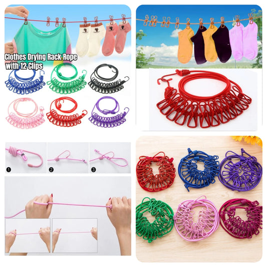 12 Clips With Clothes Drying Rope(Random Colors)